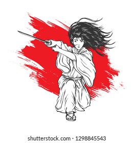 Fabolous Long Hair Samurai Ronin, Hand Drawn Line Art Illustration, Isolated Vector