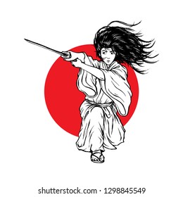 Fabolous Long Hair Samurai Ronin, Hand Drawn Line Art Illustration, Isolated Vector