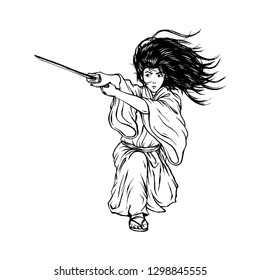 Fabolous Long Hair Samurai Ronin, Hand Drawn Line Art Illustration, Isolated Vector