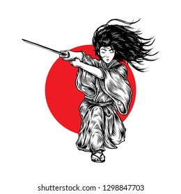 Fabolous Long Hair Samurai Ronin Attacking With His Katana, Hand Drawn Illustration, Isolated Vector