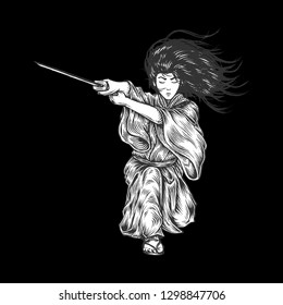 Fabolous Long Hair Samurai Ronin Attacking With His Katana, Hand Drawn Illustration, Isolated Vector