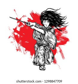 Fabolous Long Hair Samurai Ronin Attacking With His Katana, Hand Drawn Illustration, Isolated Vector