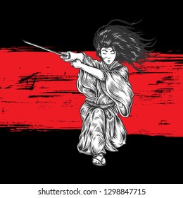 Fabolous Long Hair Samurai Ronin Attacking With His Katana, Hand Drawn Illustration, Isolated Vector