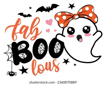 Faboolous Halloween vector illustration with cute ghost, hearts, spider and bats. Girls Halloween design isolated.