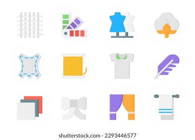 Fabric 3d icons set. Pack flat pictograms of fiber, color palettes, mannequin, cotton, thread, spool, clothes, feather, bow, curtains, towel and other. Vector elements for mobile app and web design