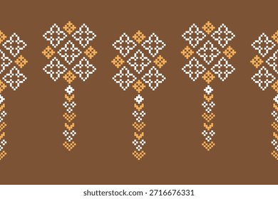 Tecido abstrato padrão tribal motivo étnico tradicional geométrico ponto cruz projeto bordado oriental pixel fundo cor marrom.