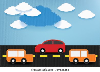 Fabric art vector illustration.Cars red and orange ran on the street, the backdrop was sky and clouds.