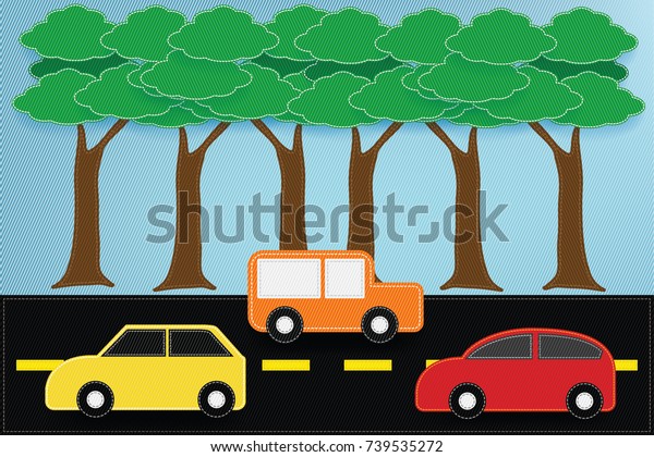 Fabric art vector\
illustration.Cars red Yellow and orange ran on the street, the\
backdrop was sky and\
trees.