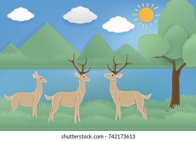 Fabric art vector illustration.Three deer standing under the tree behind the river, the mountain behind, the sky, the white cloud and the sun.