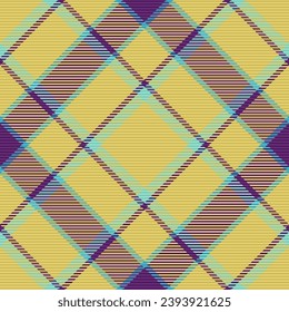 Comprobación del fondo de tejido de la textura tartán sin fisuras con un vector textil de patrón plaid en colores amarillo y púrpura.