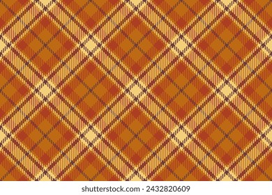 Fabric background pattern of plaid seamless check with a vector textile tartan texture in red and orange colors.