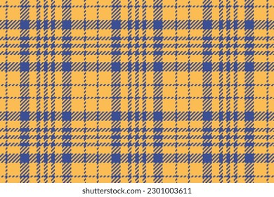 Fabric background textile. Seamless check texture. Tartan plaid vector pattern in amber and blue colors.