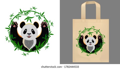 Fabric bag design. Typography of a cheerful panda surrounded by bamboo. Vector illustration in eco style