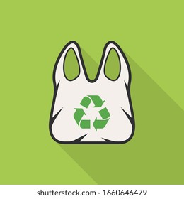 Fabric bag icon with long shadow on green background, flat design style