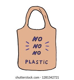 Fabric bag with the inscription no plastic, vector illustration
