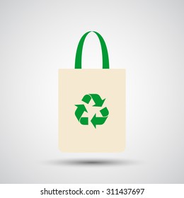 Fabric bag with recycling symbol on gray gradient background, flat design style. Vector illustration eps 10.