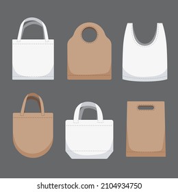 Bolsa de tela. Comprando paquete textil. Bolsa ecológica de tela, algodón, tela reutilizable. Ver, icono de venta. Bolso de mano de mercado. Tienda compra, plantilla de empaquetado. Burla de tela. Ilustración vectorial aislada.