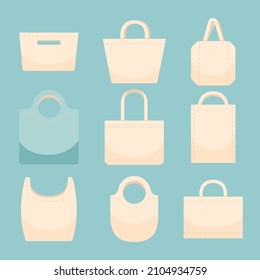 Fabric bag. Shopping textile package. Canvas, cotton, cloth reusable eco bag. Shop, sale icon. Market handbag. Store purchasing, packaging template. Fabric bag mockup. Isolated vector illustration.