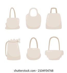 Fabric bag. Shopping textile package. Canvas, cotton, cloth reusable eco bag. Shop, sale icon. Market handbag. Store purchasing, packaging template. Fabric bag mockup. Isolated vector illustration.