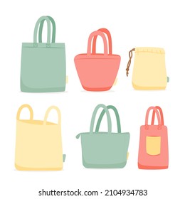 Fabric bag. Shopping textile package. Canvas, cotton, cloth reusable eco bag. Shop, sale icon. Market handbag. Store purchasing, packaging template. Fabric bag mockup. Isolated vector illustration.