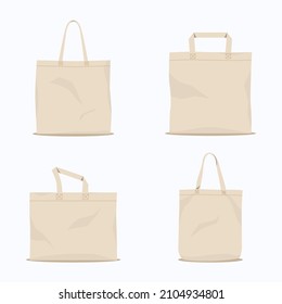 Fabric bag. Shopping textile package. Canvas, cotton, cloth reusable eco bag. Shop, sale icon. Market handbag. Store purchasing, packaging template. Fabric bag mockup. Isolated vector illustration.