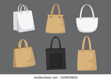 Fabric bag. Shopping textile package. Canvas, cotton, cloth reusable eco bag. Shop, sale icon. Market handbag. Store purchasing, packaging template. Fabric bag mockup. Isolated vector illustration.