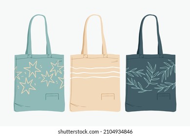 Fabric bag. Shopping textile package. Canvas, cotton, cloth reusable eco bag. Shop, sale icon. Market handbag. Store purchasing, packaging template. Fabric bag mockup. Isolated vector illustration.