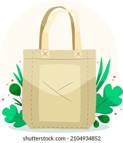 Fabric bag. Shopping textile package. Canvas, cotton, cloth reusable eco bag. Shop, sale icon. Market handbag. Store purchasing, packaging template. Fabric bag mockup. Isolated vector illustration.