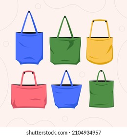 Fabric bag. Shopping textile package. Canvas, cotton, cloth reusable eco bag. Shop, sale icon. Market handbag. Store purchasing, packaging template. Fabric bag mockup. Isolated vector illustration.