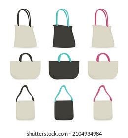 Fabric bag. Shopping textile package. Canvas, cotton, cloth reusable eco bag. Shop, sale icon. Market handbag. Store purchasing, packaging template. Fabric bag mockup. Isolated vector illustration.
