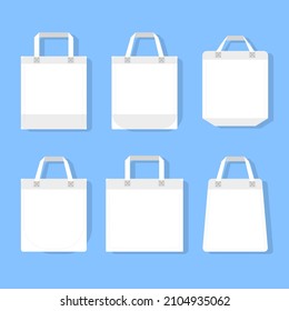 Fabric bag. Shopping textile package. Canvas, cotton, cloth reusable eco bag. Shop, sale icon. Market handbag. Store purchasing, packaging template. Fabric bag mockup. Isolated vector illustration.