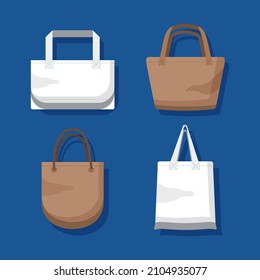 Fabric bag. Shopping textile package. Canvas, cotton, cloth reusable eco bag. Shop, sale icon. Market handbag. Store purchasing, packaging template. Fabric bag mockup. Isolated vector illustration.