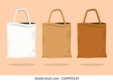 Fabric bag. Shopping textile package. Canvas, cotton, cloth reusable eco bag. Shop, sale icon. Market handbag. Store purchasing, packaging template. Fabric bag mockup. Isolated vector illustration.