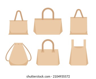 Bolsa de tela. Comprando paquete textil. Bolsa ecológica de tela, algodón, tela reutilizable. Ver, icono de venta. Bolso de mano de mercado. Tienda compra, plantilla de empaquetado. Burla de tela. Ilustración vectorial aislada.