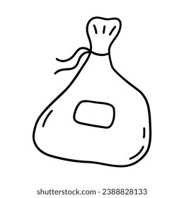 Fabric bag for storing herbs, spices or things, tied with thread and with label. Black and white vector isolated illustration hand drawn doodle