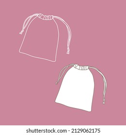 Fabric Bag With String. Packaging Template Mock Up. Delivery Service Concept. Copy Space. Linear, Vector, Realistic, Outline Illustration.