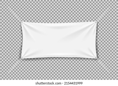 Fabric Banner With Rope. White Canvas Banner. Hanging Textile Flag With Folds. Mockup Of Fabric Poster With Rope. Blank Horizontal Mockup Of Flag Isolated On Transparent Background. Vector.