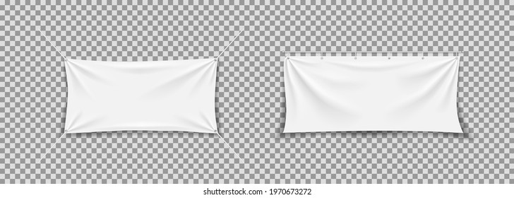 Fabric banner. White textile banner. Hanging, stretch cloth flag. Fabric canvas with rope. Blank horizontal mockup of poster. Realistic rectangle texture for advertising. Hang flag with fold. Vector.