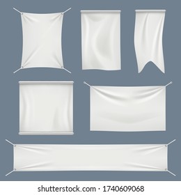 Fabric banners. White textile flag clothes cotton vector realistic empty banners collection isolated