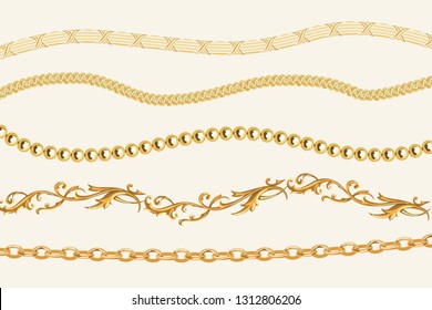 Fabric and baroque Fashion design element, leafs, Golden Chains, braid, necklace, Gold ornament for print, scarfs, backgrounds, seamless pattern design - Vector