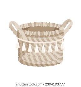 Fabric basket vector illustration. Cartoon isolated empty fashion interior decor with weaving of ropes and macrame tassels, round handmade decorative woven basket for clothing storage and laundry