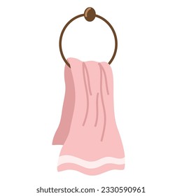 Fabric bath towel. Sticker with fabric napkin for kitchen or bathroom hanging on metal hook. Hygiene and cleaning. Cartoon flat vector illustration isolated on white
