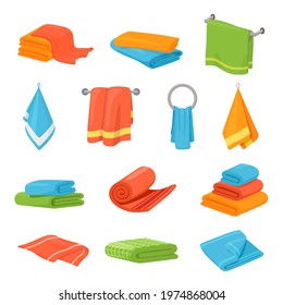 Fabric bath towels. Kitchen towel design, isolated soft cloth. Rolled textile, blanket and rag stacks. Hotel or household vector recent collection