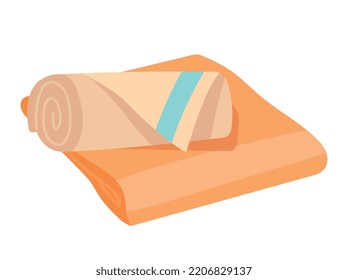 Fabric bath towels. Sticker with rolled and folded bathtub or kitchen napkin. Soft home textiles. Design element for social networks. Cartoon flat vector illustration isolated on white background