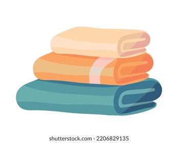 Fabric bath towels. Sticker with stack or pile of soft terry body bathtub. Personal hygiene. Design element for advertising poster. Cartoon flat vector illustration isolated on white background