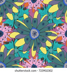 Fabric blue, neutral and yellow seamless pattern with flowers. Vector texture daisy flowers detail.