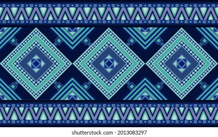 Fabric blue tone geometric full pattern design ,Geometric ethnic pattern seamless flower color oriental.  Design for fabric, curtain, background, carpet, wallpaper and other 