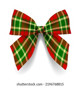 Fabric bow in colors of tartan style isolated on white. Christmas and New Year decoration and symbol. Vector illustration