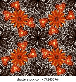 Fabric brown, orange and neutral seamless pattern with flowers. Vector texture daisy flowers detail.