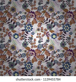 Fabric brown, white and violet seamless pattern with flowers. Vector texture daisy flowers detail.